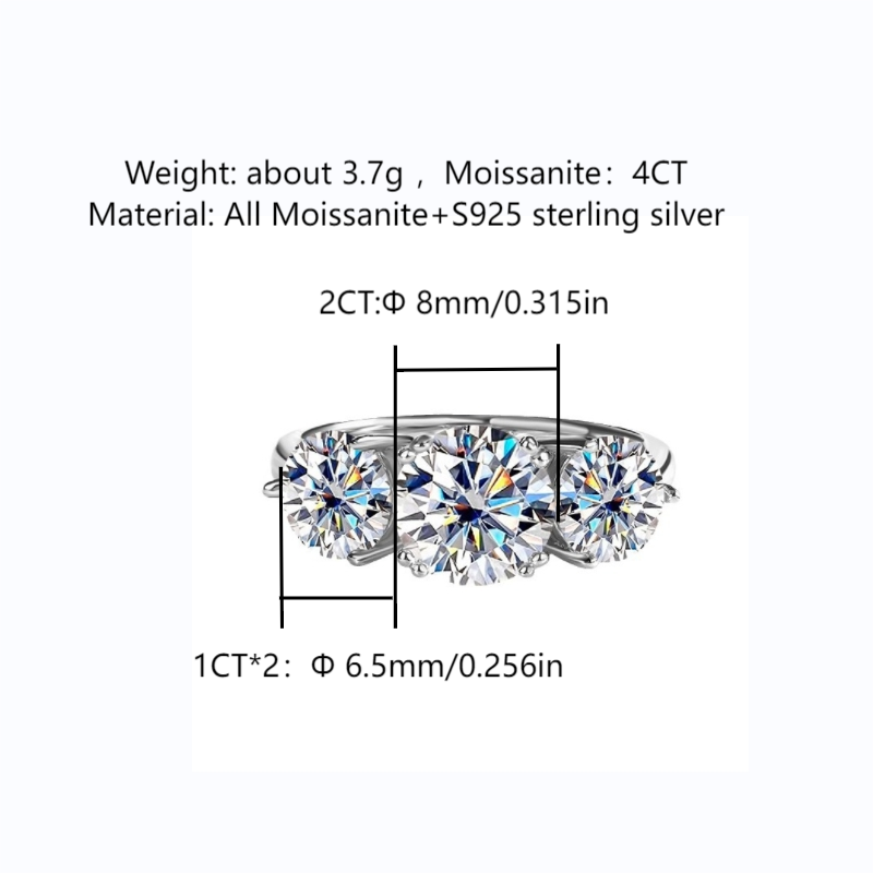 D-color VVS1 4CT Moissanite band Ring, S925 sterling silver Tricolor Lucky God ring, unique and high-end, light luxury and fashionable band ring