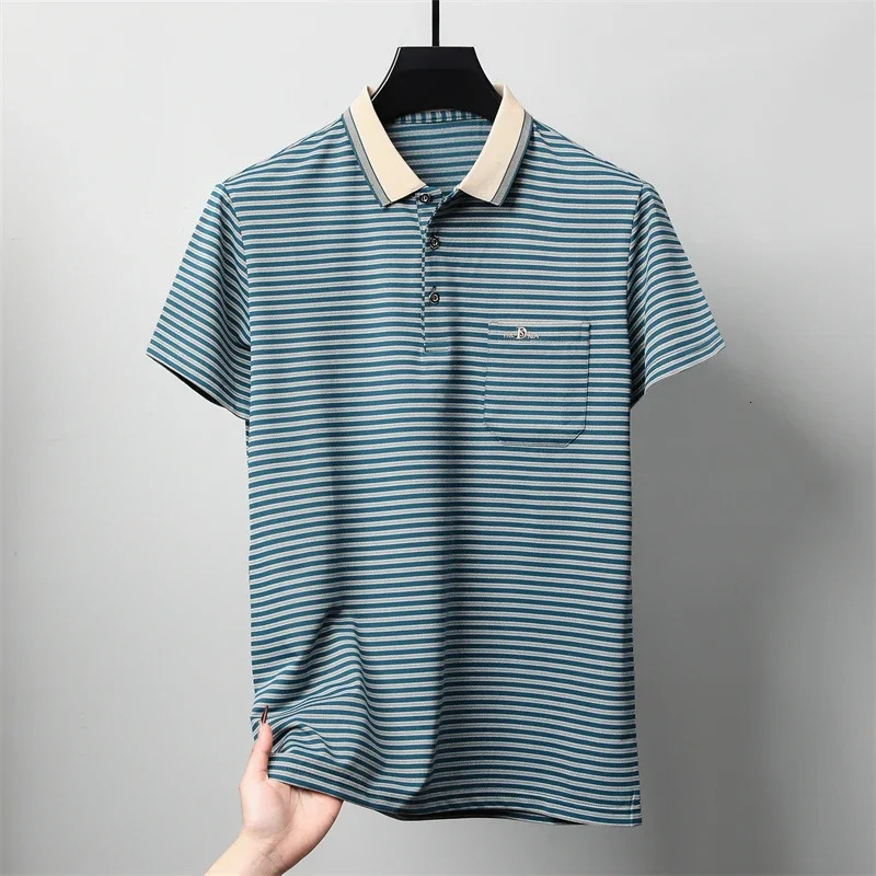 Mens Casual and Fashionable Striped Short Sleeved Polo Shirt Summer Comfortable Sweat Absorbing Breathable Versatile Top y250506