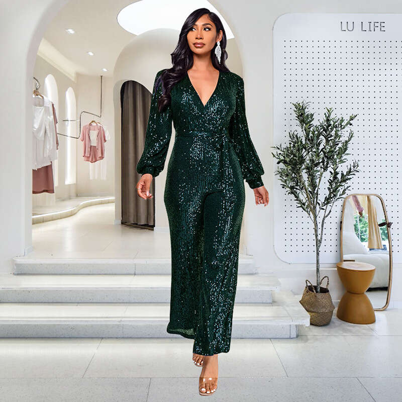 Wide Leg Jumpsuit OEM Women S Long Sleeved Sequined With Fashionable Waistband And Wide Leg Jumpsuit For Women