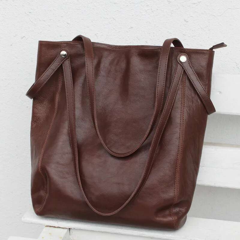 Handbags Chic Tote for Women Vegetable Tanned Cowhide Leather Shoulder Female Large Capacity Shopper Bag High Quality