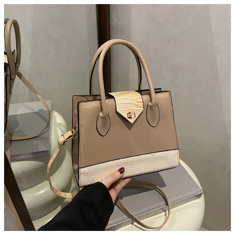 New lock buckle fashionable splicing texture 2025 women's large capacity simple and stylish single shoulder diagonal cross hand-held small square