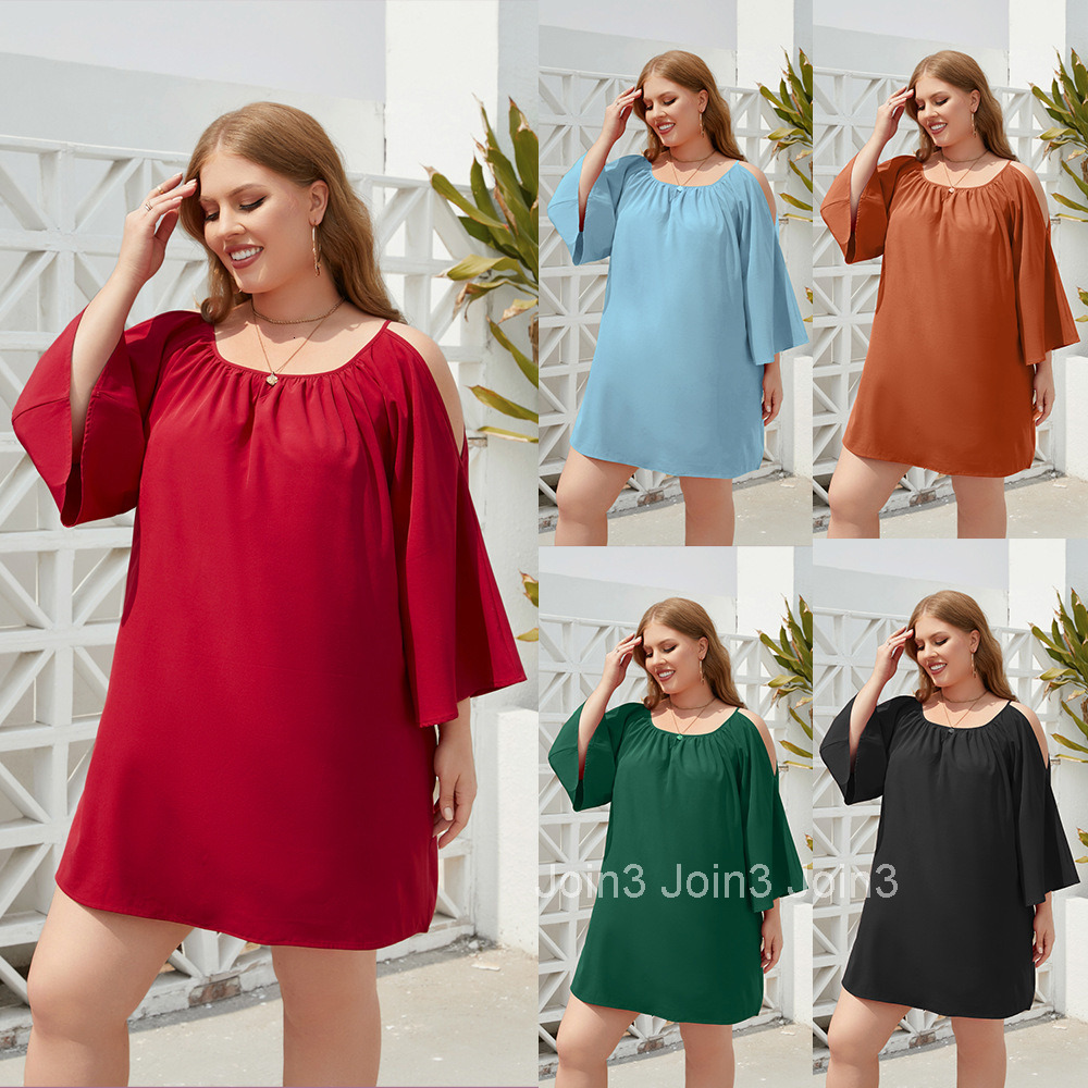 Large Womens Wear Large Solid Leisure Holiday Dress Tourism Round Neck Split Bubble Sleeve Dress