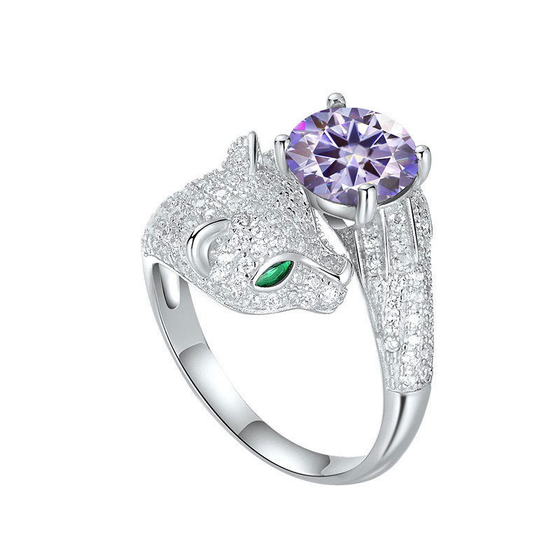 2CT color moissanite S925 sterling silver leopard jaguar animal ring, unique and high-end, light luxury, fashionable and cute band animal ring