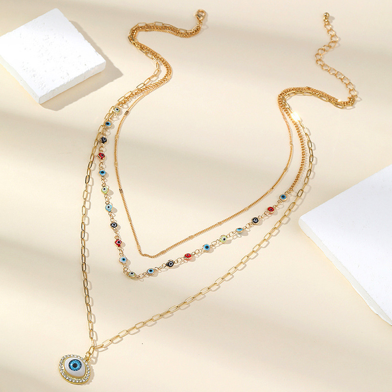 Pink heart-shaped necklace, multi-layer titanium steel devil's eye collarbone chain, colorful stone necklace