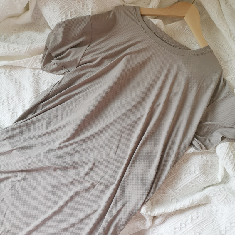 P1806 Ice silk cool skirt women's loose mid-length nightdress comfortable solid color simple large size ladies dress