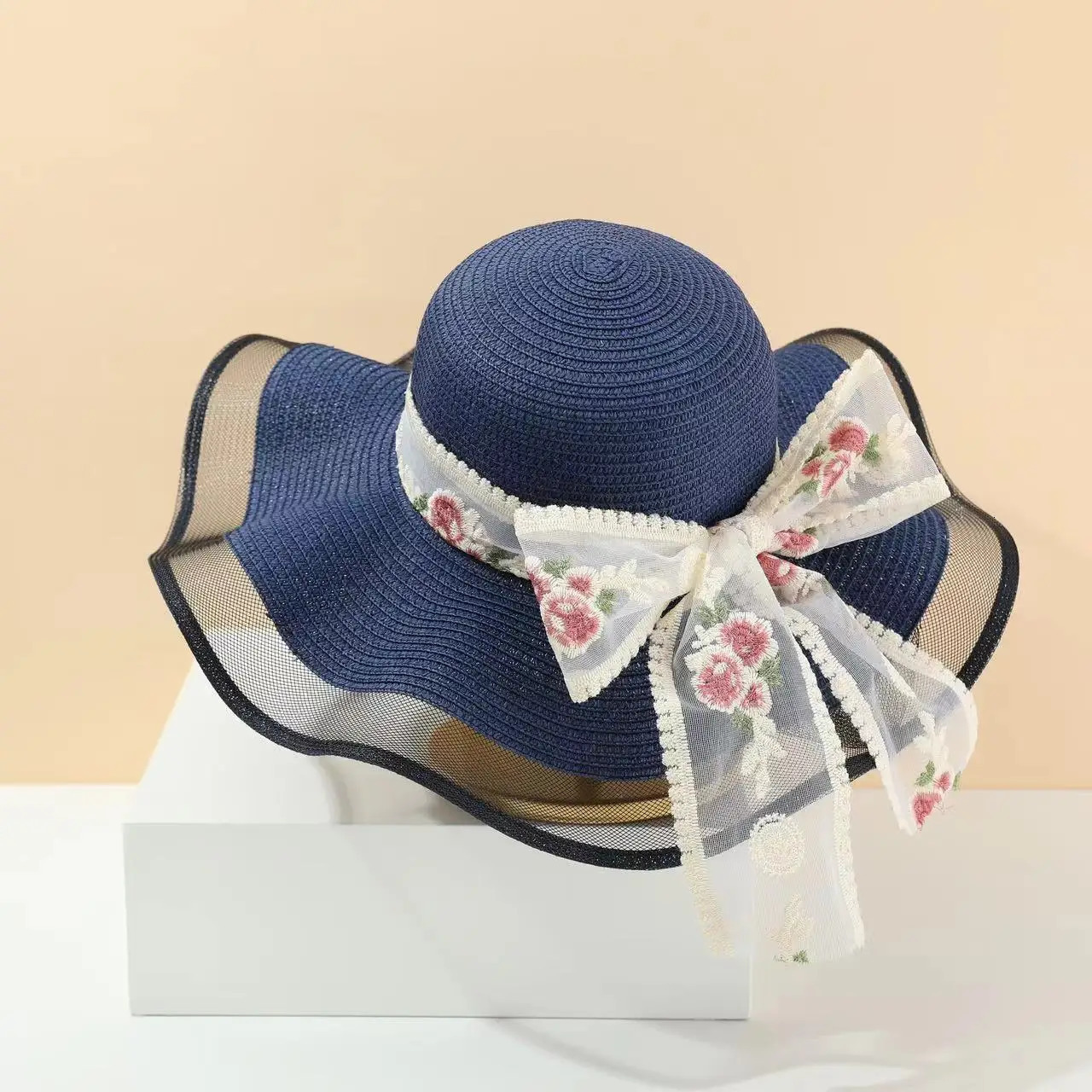 French Style Womens Straw Sun Hat Spring Summer Beach Foldable Big Brim Lace Bow Detail Travel Hat for Girls 250516