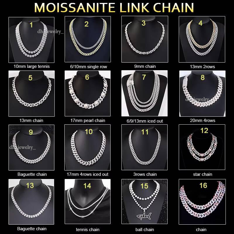 HipHop 10mm Single Row S Sier Pass Dia Tester Moissanite Necklace Cuban Link Chain