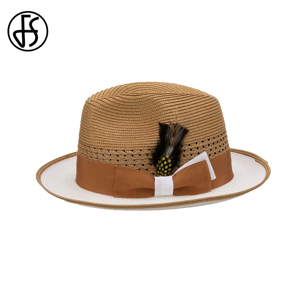 FS 2025 Spring Summer Khaki Cowboy Hats For Men With Feather Decorative Rolled Brim Jazz Panama Hat Gentleman Gangster Black Cap 250516