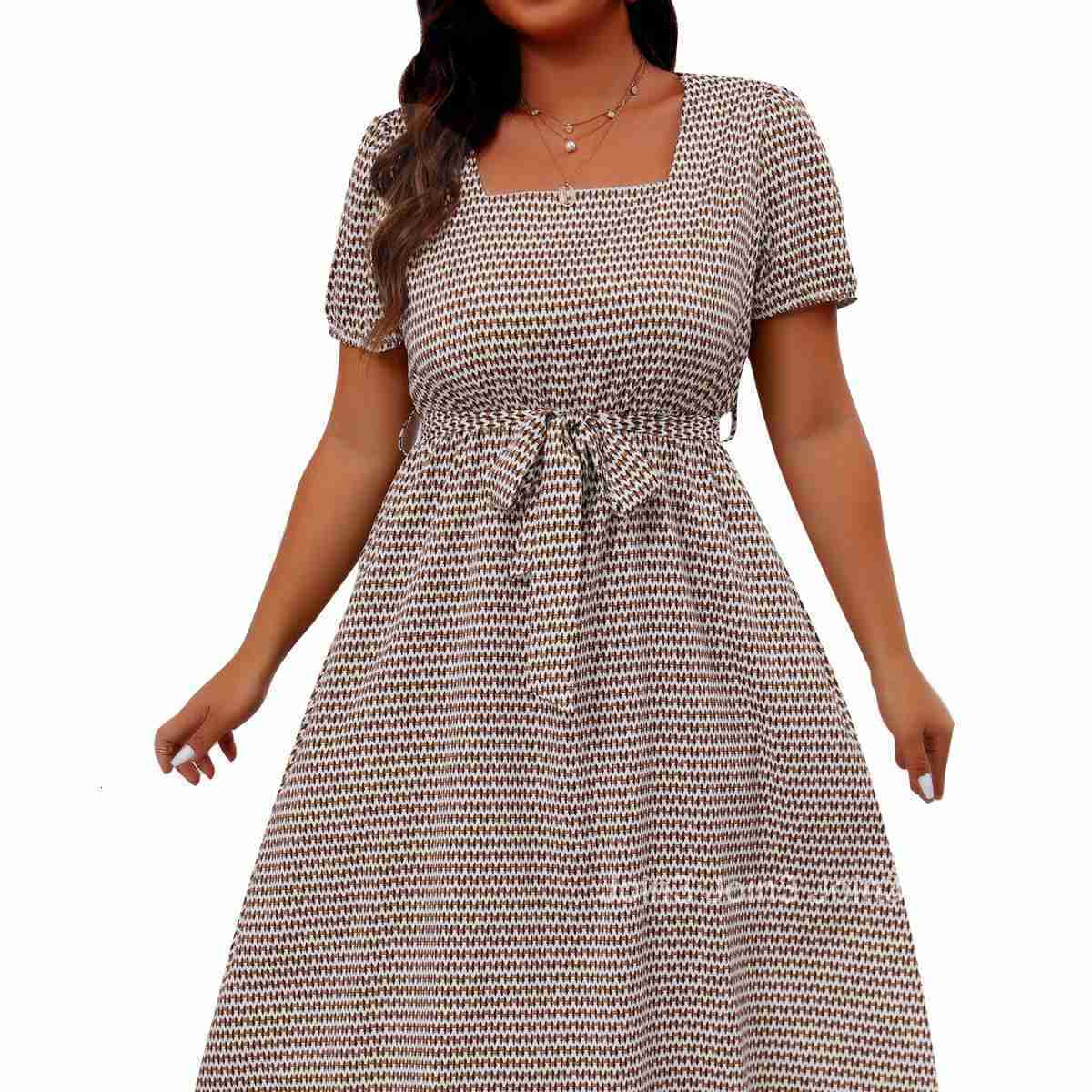 Large Size Womens Elegant Temperament Square Collar Lace Up Small Grid Large Swing Dress