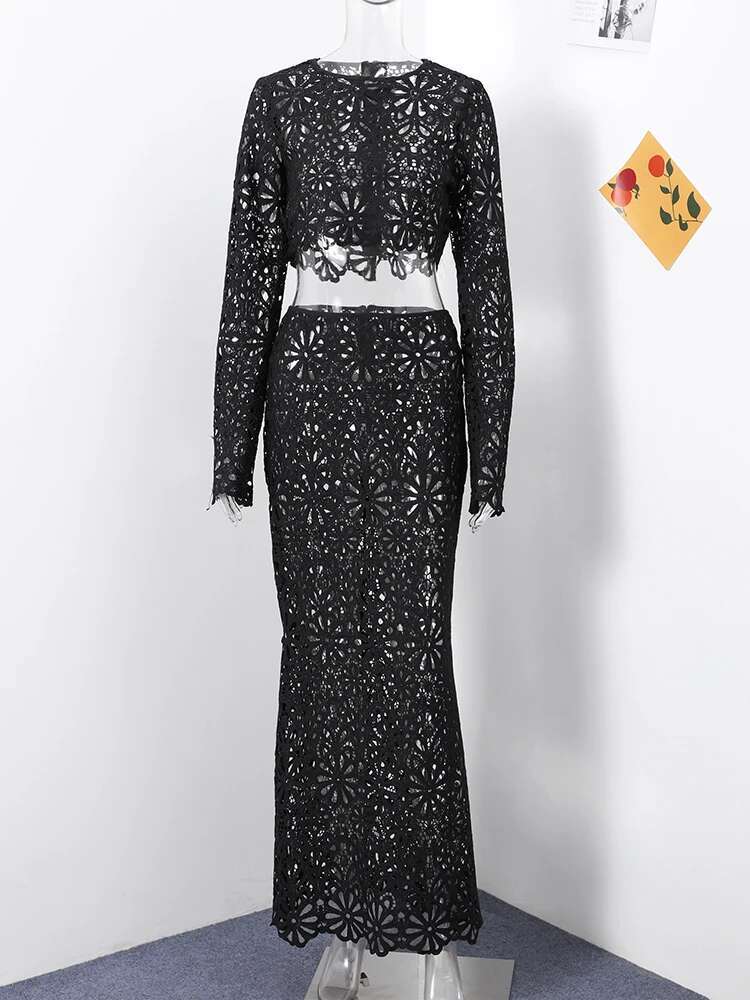 Elegant See Through Crochet Women Hallow Out Flare Long Sleeve Top Slim Empire Hip Package Skirts 2025 Summer Lady Set