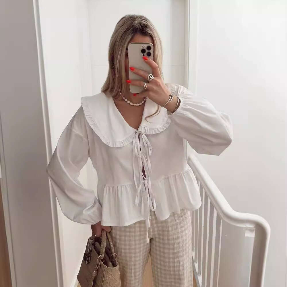 Wind Summer New Fashionable Casual Versatile 3-Color Doll Collar Lace Shirt Top B5