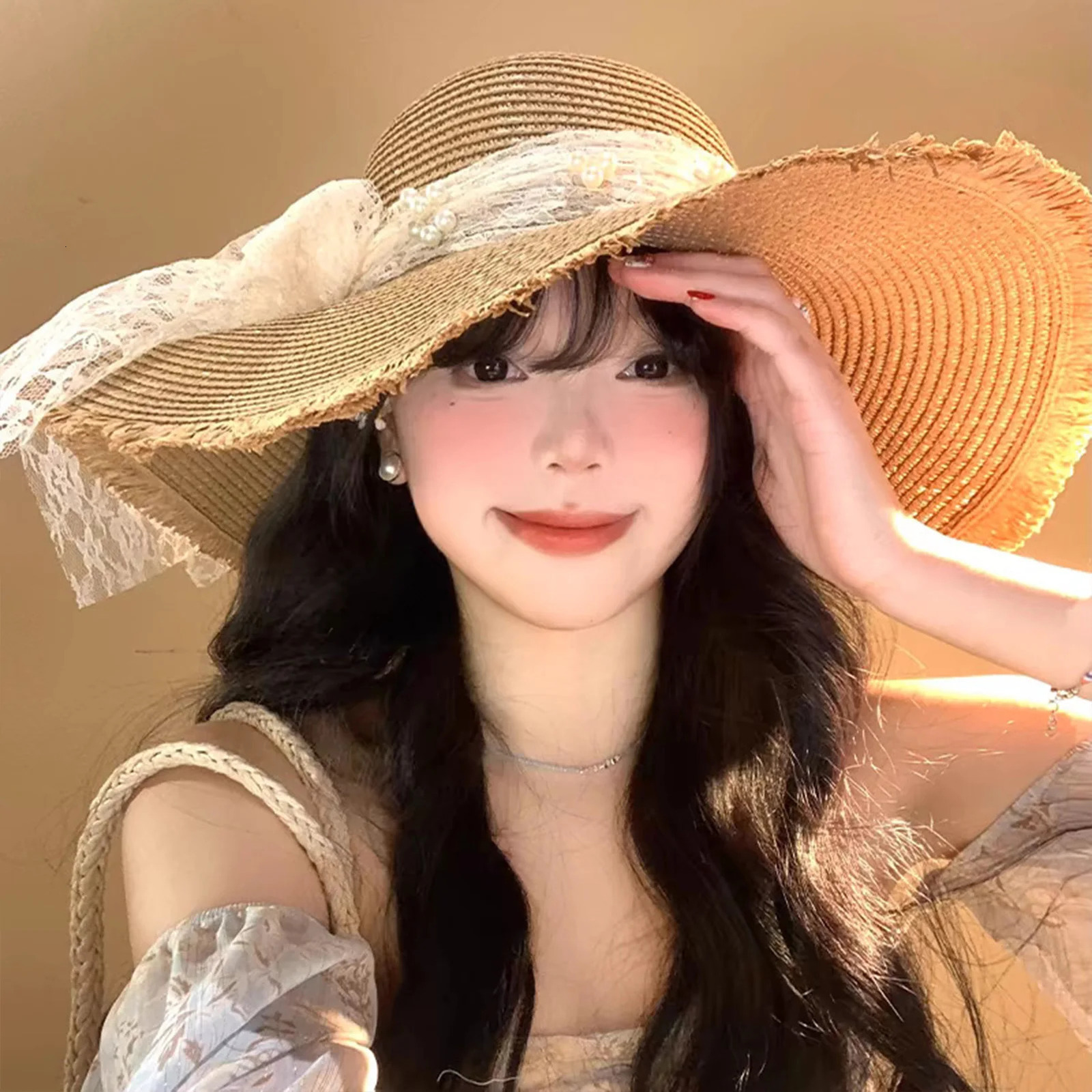 Wide Brim Summer Hat French Style Lace Straw Hat with Bowknot Elegant Women Straw Hat for Summer Beach Traveling Hiking 250516
