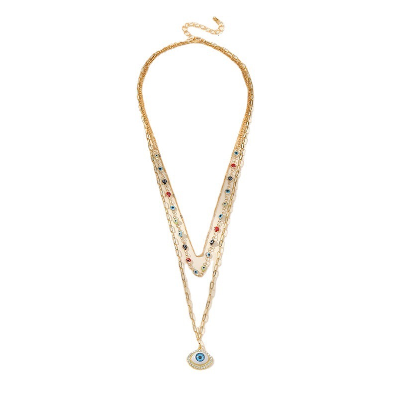 Pink heart-shaped necklace, multi-layer titanium steel devil's eye collarbone chain, colorful stone necklace