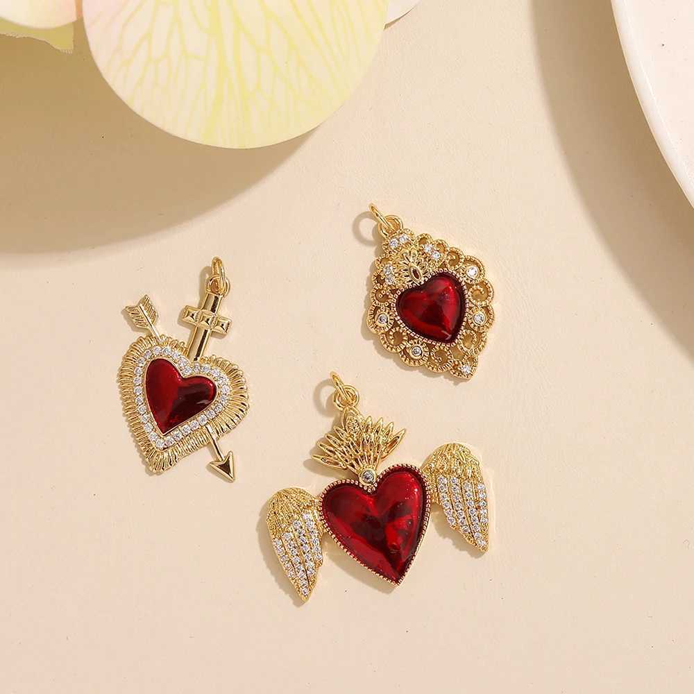 BenS New Sacred Red Heart Charms Victorian Zircon Charm Pendants 18k gold plated Wing pendants Jewelry accories P21XJ250517