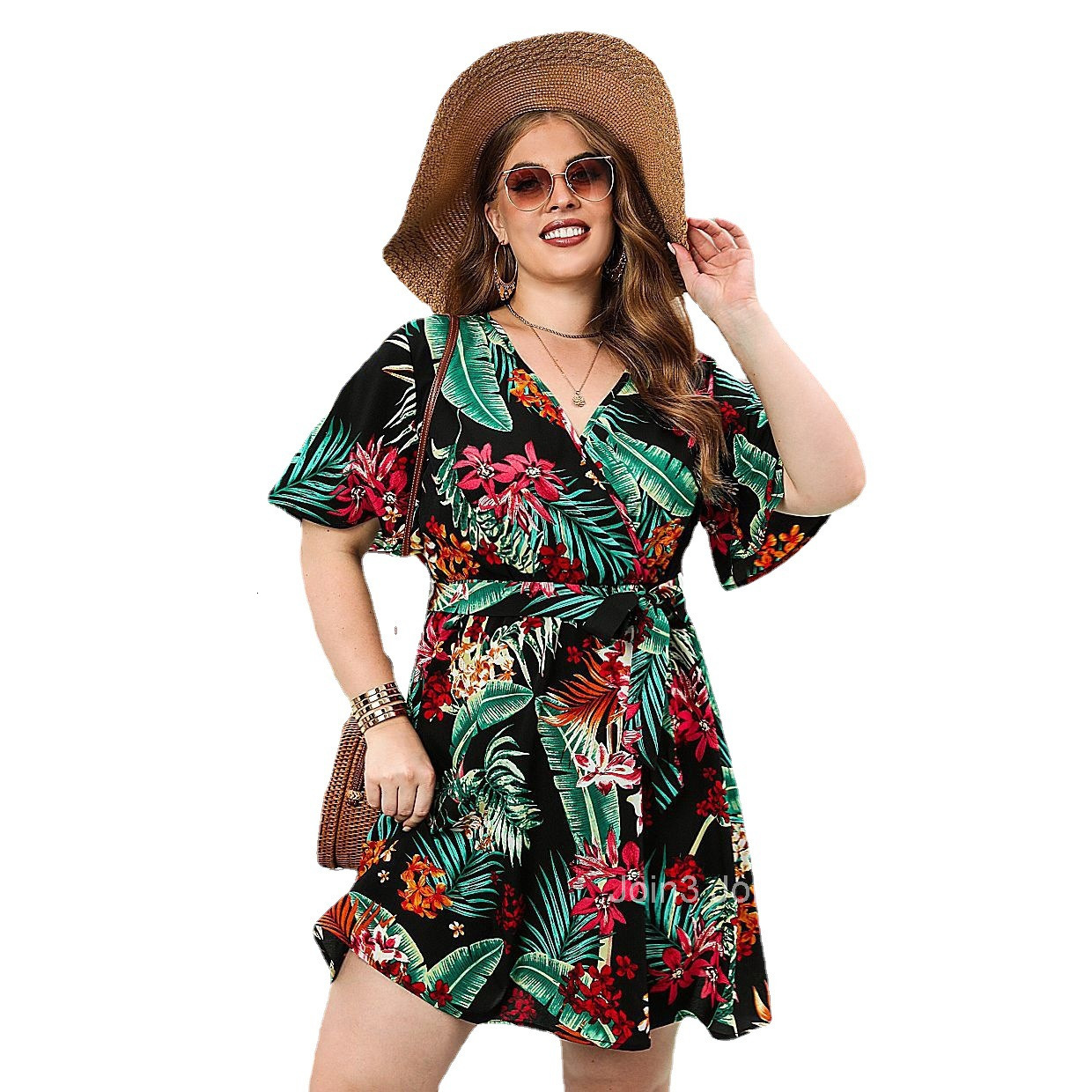 Flower Printed Casual Vacation Dress Bohemian Seaside Tourism V-neck Tie Up Dress for Women in Large Size