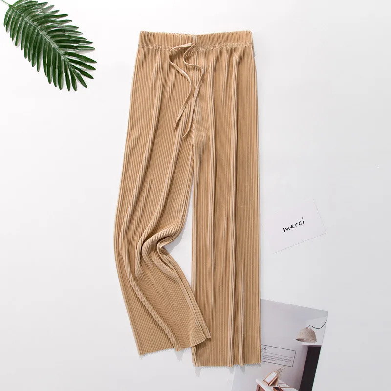 Women Fashion Summer Wide Leg Pants Pleated Ice Silk Trousers Elastic Waist Loose Casual Pant 250517