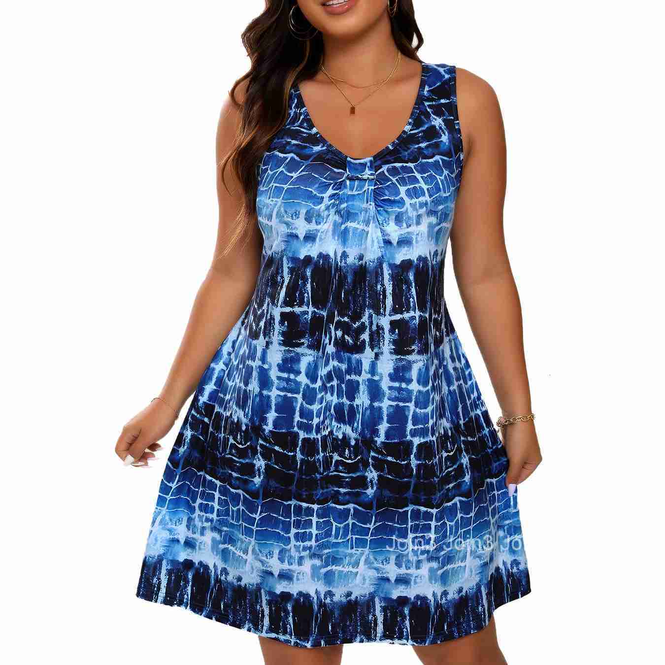 2025 Womens New Fashion Printed Round Neck Sleeveless Dress