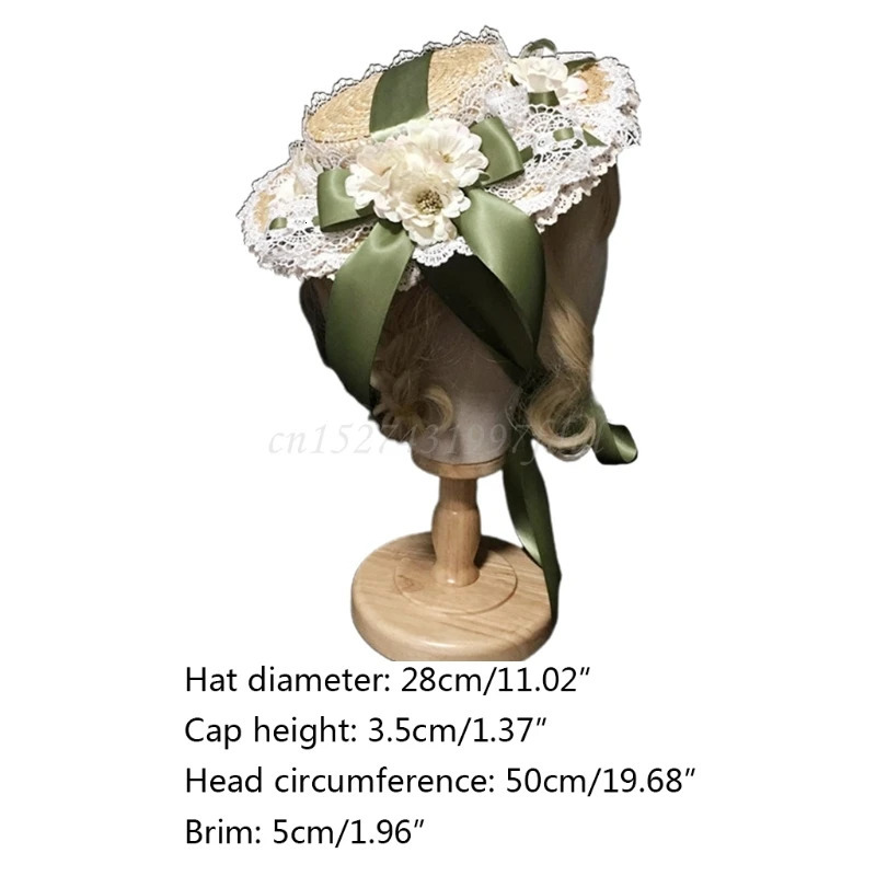 Women Girls Lolita Elegant Tea Party Flat Hat Multilayer Lace Bonnet Artificial Flower Ribbon Bow Straw Beach Sun 250516