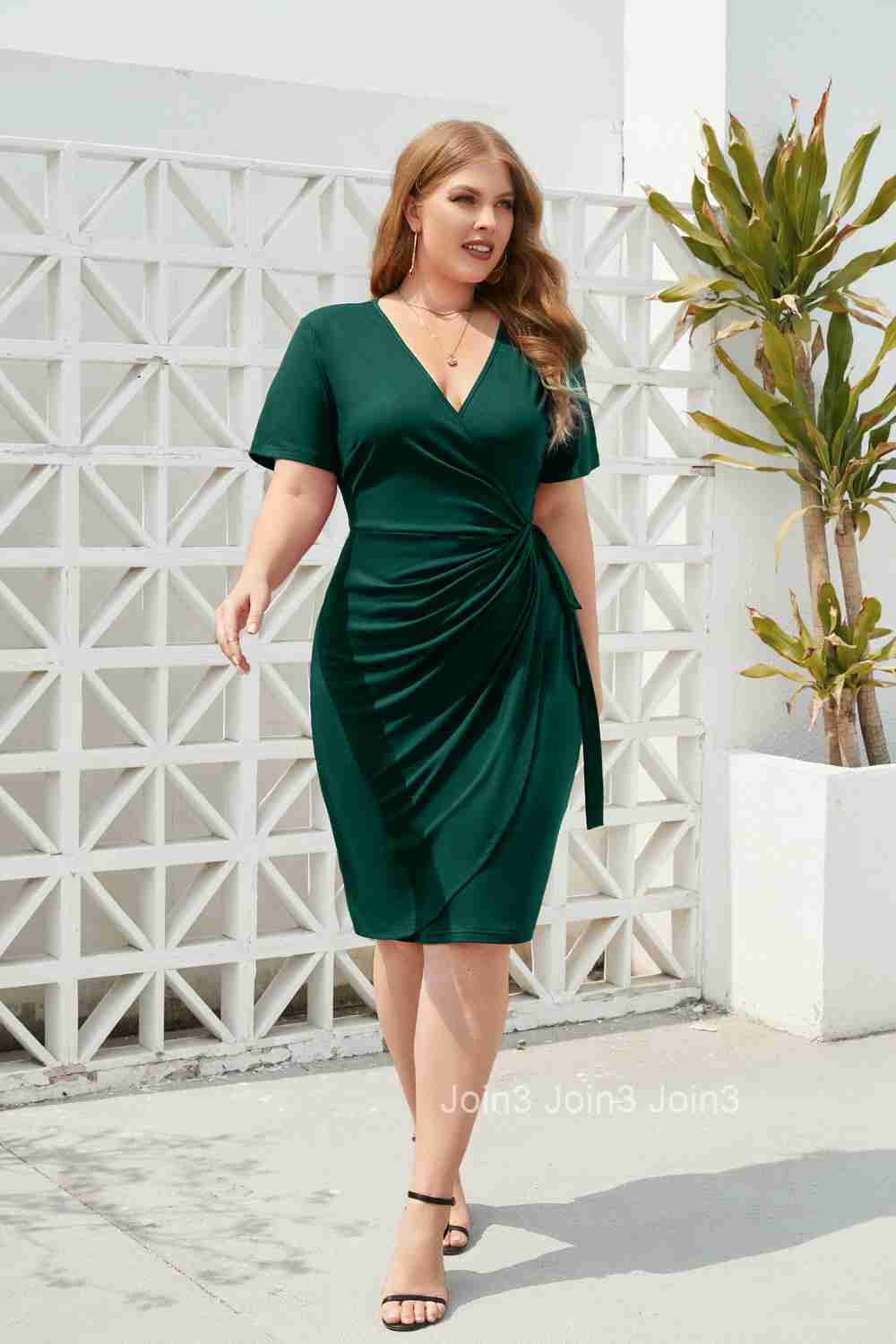 Large Size Womens Solid Color Casual Vacation Dress with Straps V-neck Mid Length Dress for Vacation