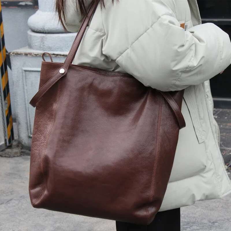 Handbags Chic Tote for Women Vegetable Tanned Cowhide Leather Shoulder Female Large Capacity Shopper Bag High Quality