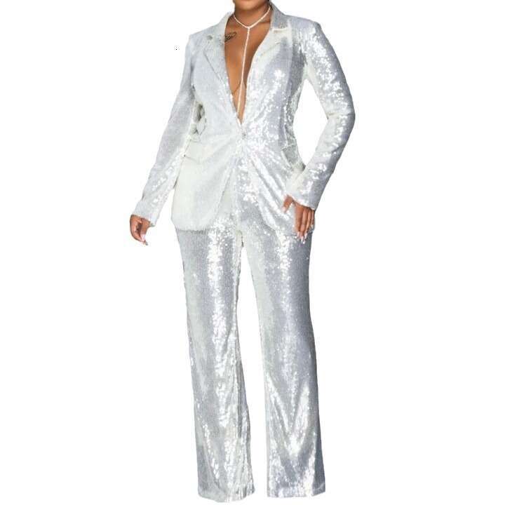 Wide Leg Jumpsuit Summer New Women S Long Sleeved V Neck Sequined Jumpsuit Two Piece Set
