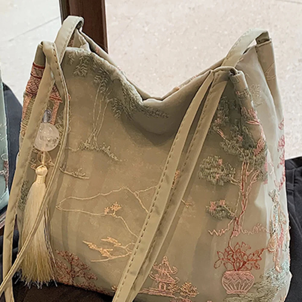 Women Ancient Style Shoulder Bag Large Capacity Simple Carrying Bag with Tassel Pendant Chinese Style Tote Bag Shopping Bag 250516