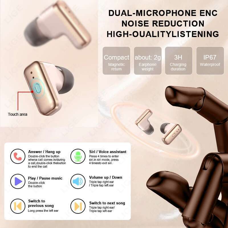 LIGE 2 In 1 TWS Headset Smart Watch 1.39" Women Men Sport Fiess Heart Rate Health Tracker Watches Earphone Music Smartwatch