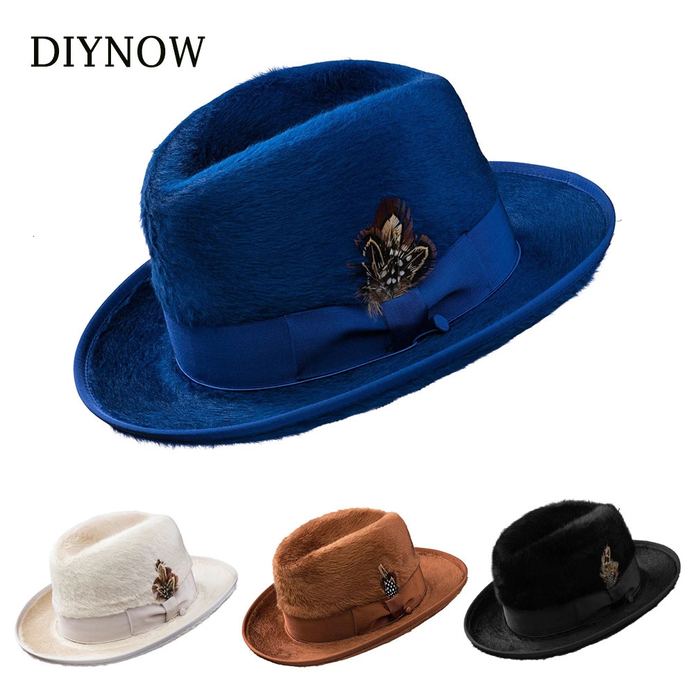 Plush Pork Pie Hat Man Fedora Unisex Gentleman Round Top Cap Cosplay Feather Accessories Derby Bowler Hat Winter Hat 250516