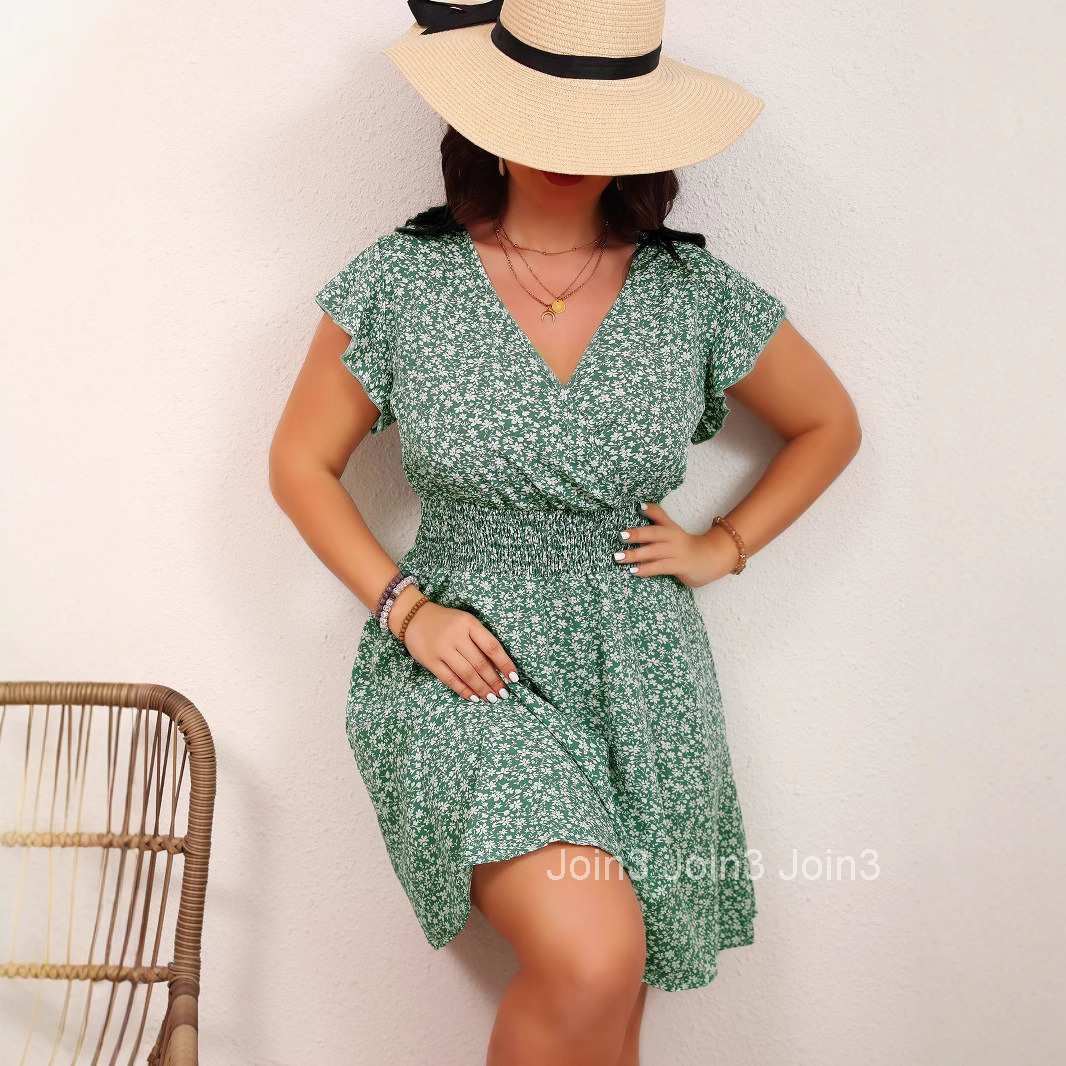 Large Size Short Sleeved V-neck Waist Floral Dress Mid Skirt