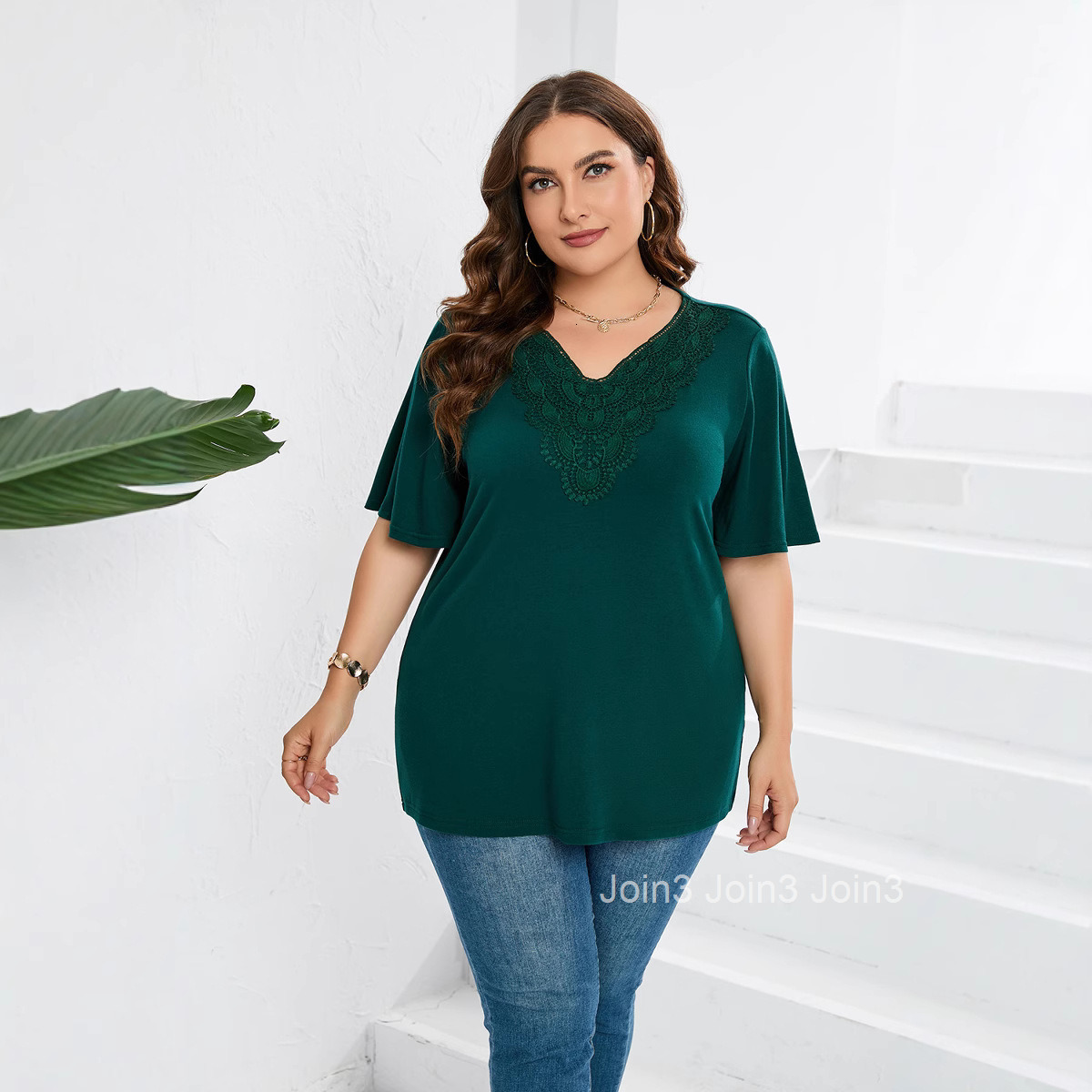 Womens Flare Sleeves Short Sleeve T-shirt Lace Panel Top Large Womens Wear