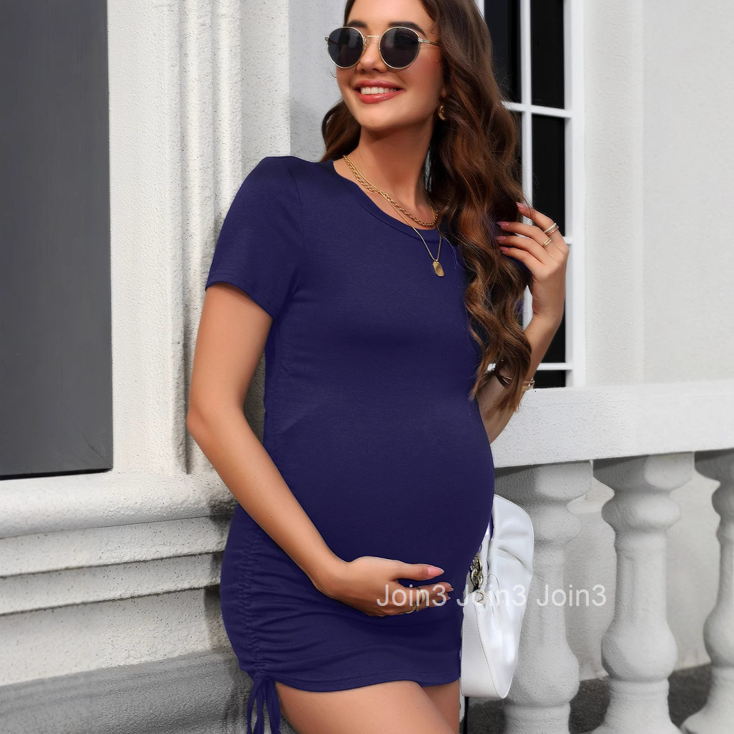 Pregnant Womens Solid Color Dress Soft and Elastic Spring and Summer Short Sleeved V-neck Side Drawstring Slim Fit Jumpsuit