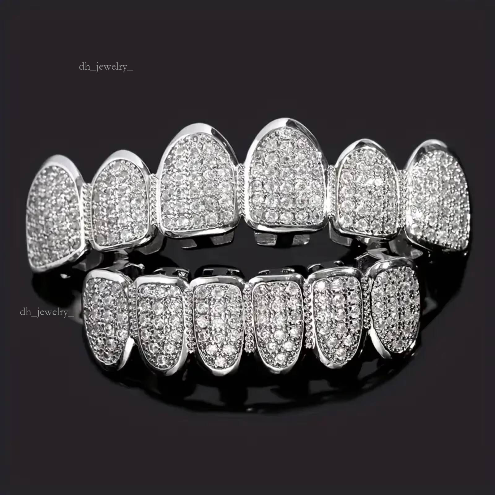 Hip Hop Brass Bling Zircon Grillz Top Bottom Iced Out Dia Teeth Grill for Women and Men a Set of Tooth Jewelry