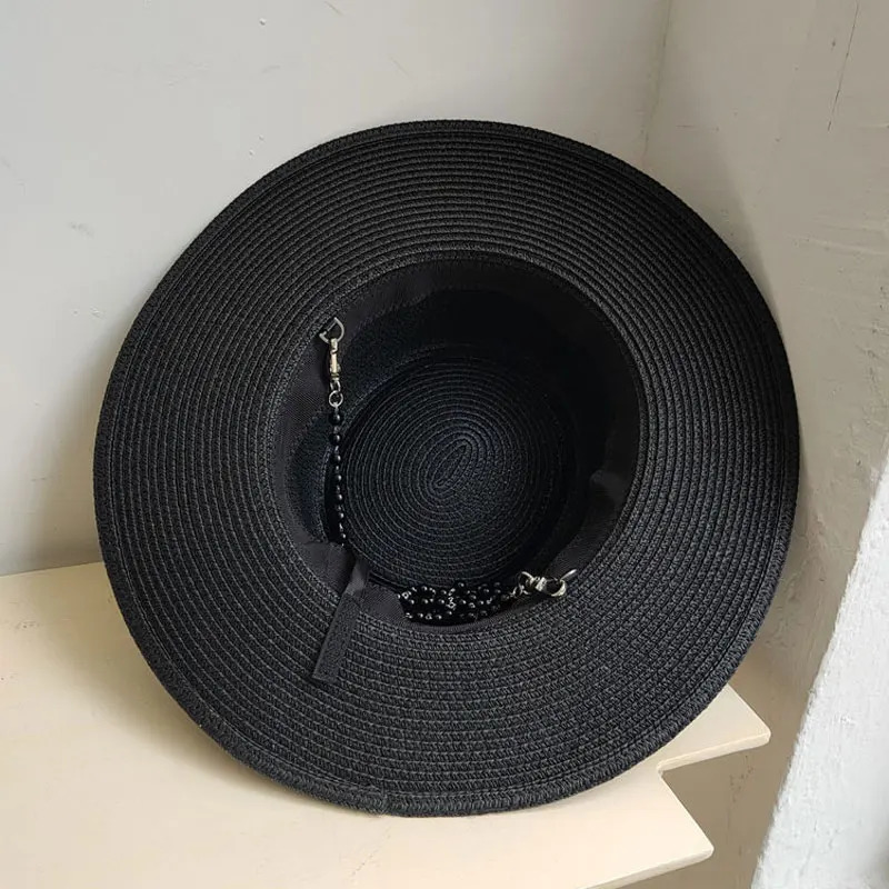 Summer Hepburn Style Pearl Chain Vintage Concave Top n Straw Hat For Women Girls Beach Holiday Sun Caps Fashion Fedora 250517