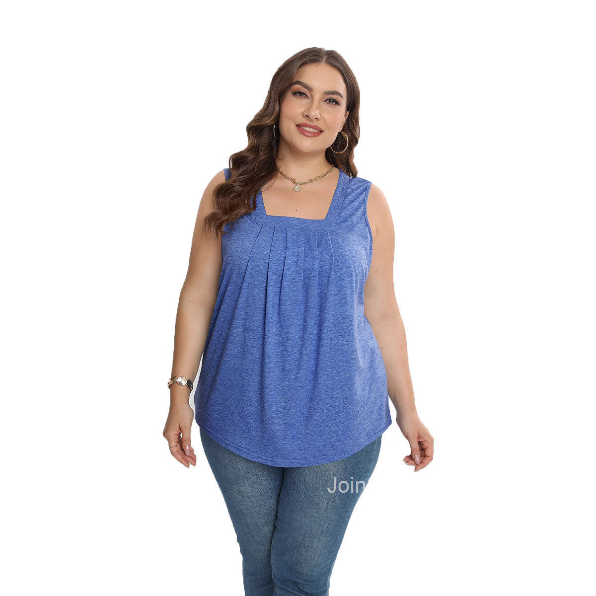Summer New Solid Pleated Square Neck Loose T-shirt Tank Top Women