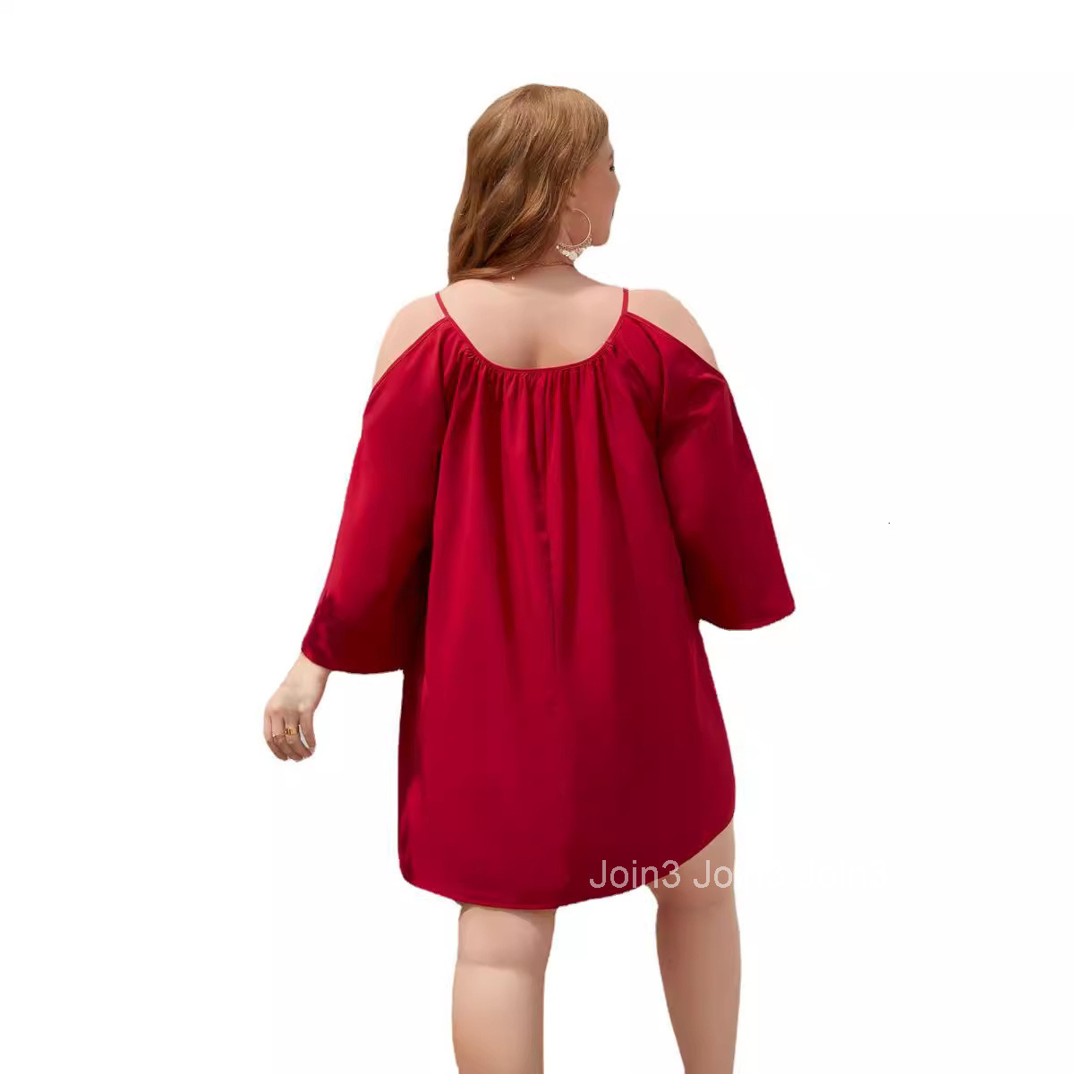 Large Womens Wear Large Solid Leisure Holiday Dress Tourism Round Neck Split Bubble Sleeve Dress
