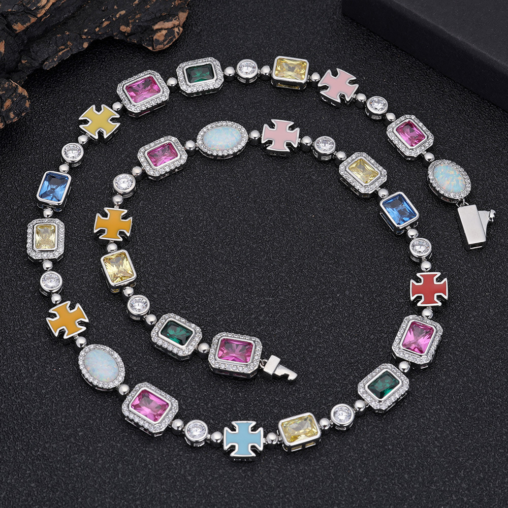 10mm new hip-hop colored gems jewelry design advanced sense gem enamel cross chain 18K gold-plated jewelry big gem necklace unisex free distribution.