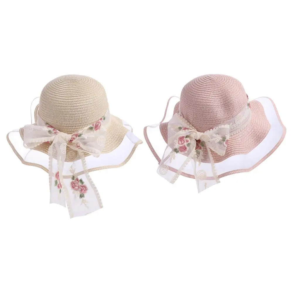 Elegant Spring Summer Beach Straw Hat Big Brim Foldable Lace Bow Straw Hat Travel French Style Womens Sun Hat Girls 250516