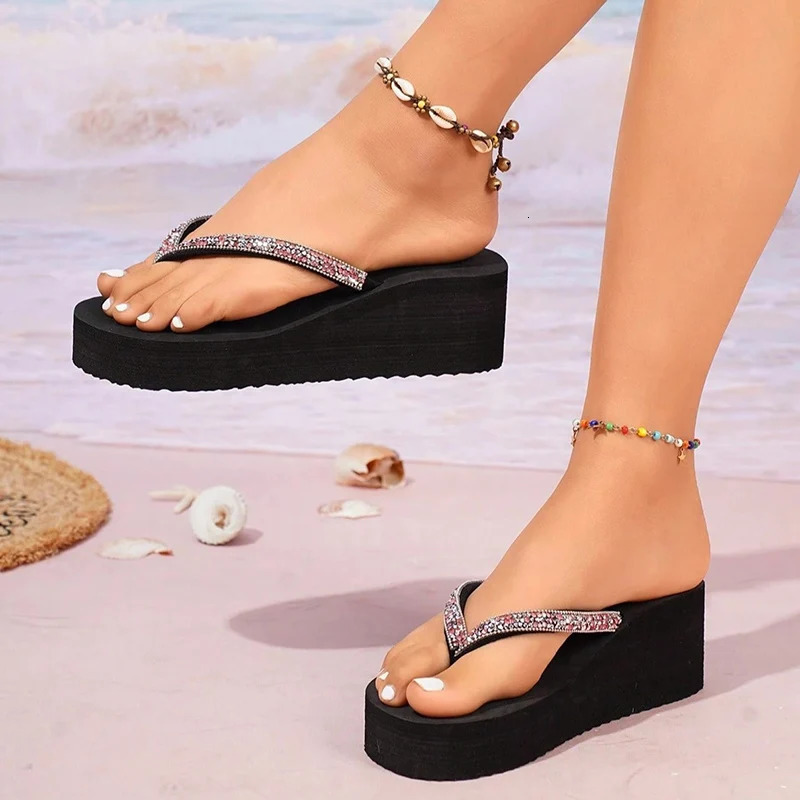 Thick Sole Rhinestone Beach Flip Flops for Women Summer Fashion Clip Toe Wedge Sandals Woman Lightweight Platform Slippers 36-42 250516