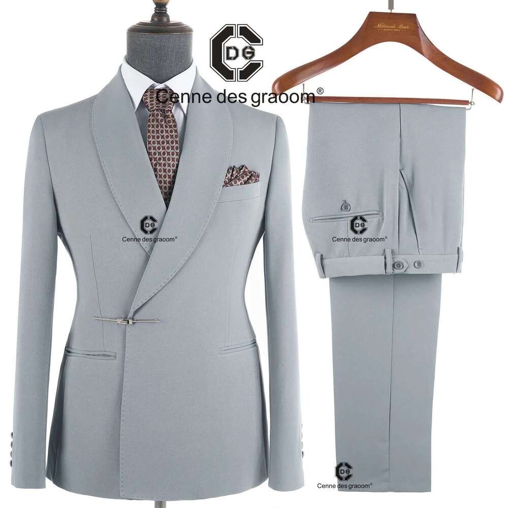 Cenne Des Graoom 2025 New Elegant Light Grey Men Suits Metal Side Release Buckle 2 Pieces Set High Quality Wedding Party Dinner Designer