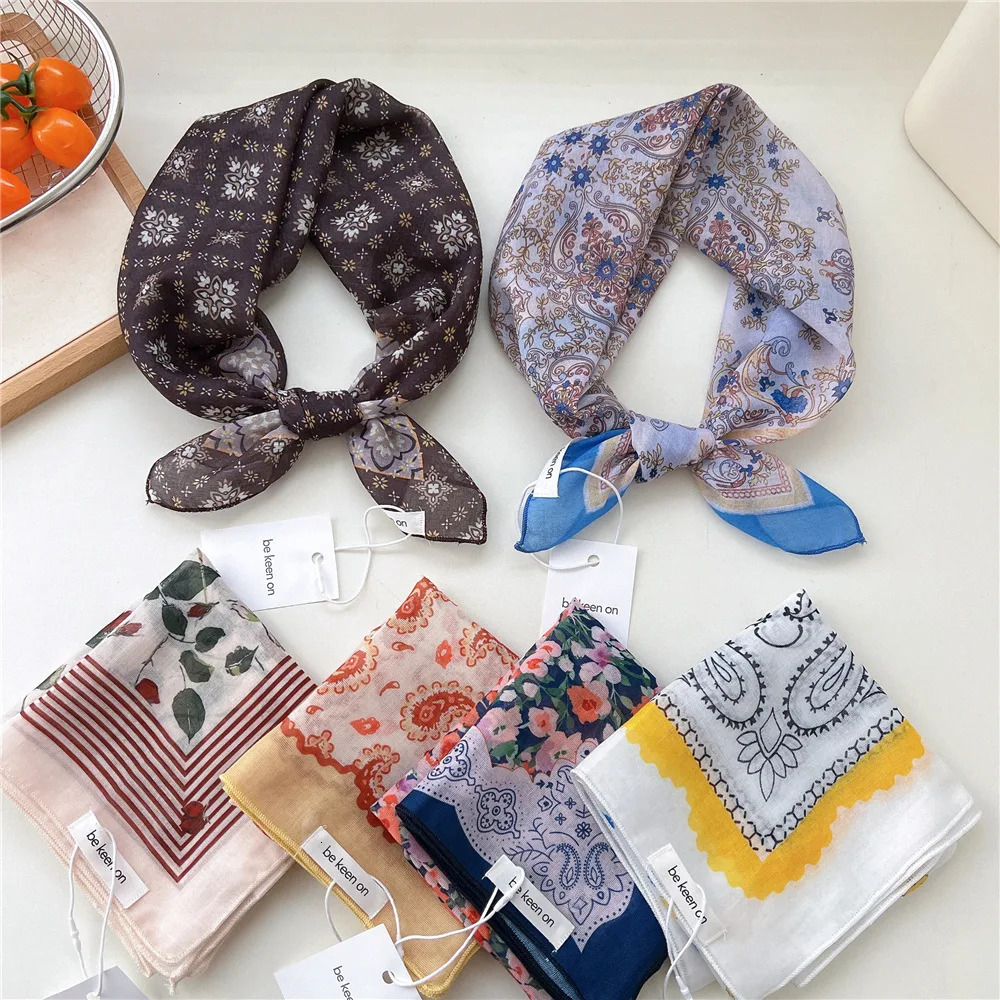 55cm Girls Cotton Linen Ladies Square Scarf for Women Korean Chic Headband Fashion Decorative Hairband Floral Scarf Accessorries 250516