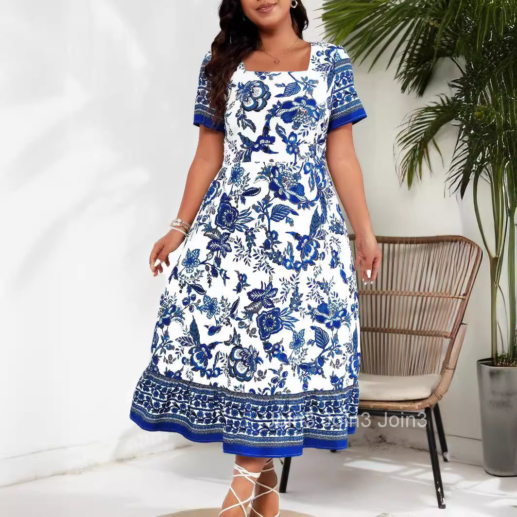 Ethnic Style Positioning Blue and White Long Dress