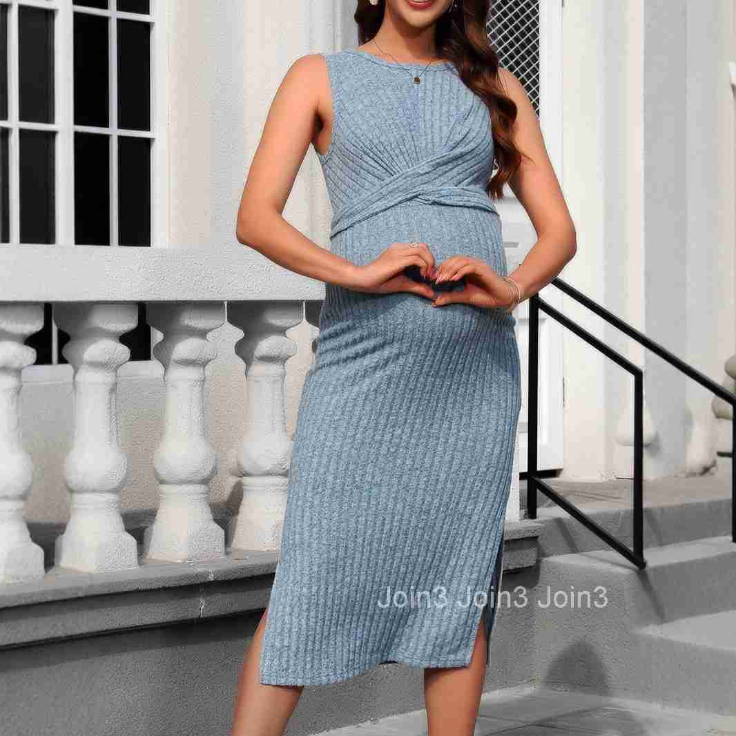 2025 Spring New Round Neck Tank Top with Twisted Front Chest and Lace Up Style Tight and Hip Hugging Pregnant Dress
