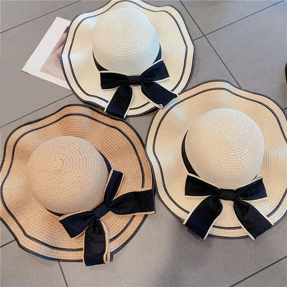 Summer Bow Lace Edge Straw Hat for Womens Outdoor Vacation Fashion and Sunscreen Beach Hat Foldable 250516