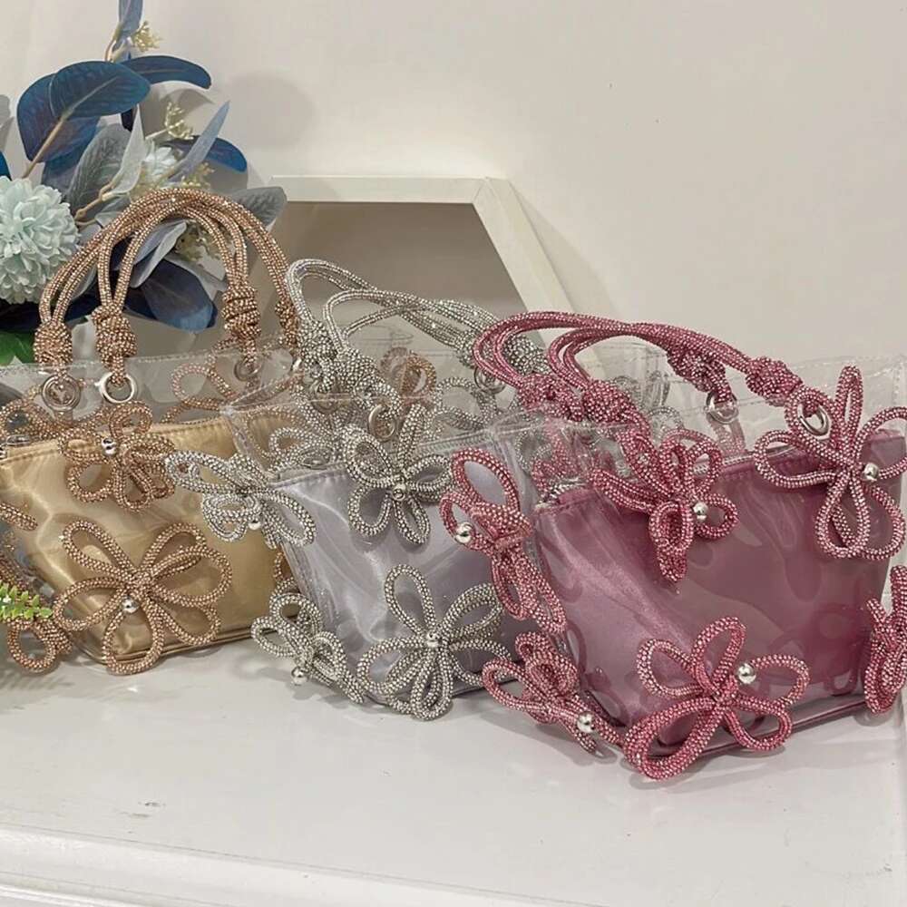 Dia Flower Basket PVC Clear Handbags Designer Crystal Shoulder Bag Rhinestone Bucket Bags for Women Clutch