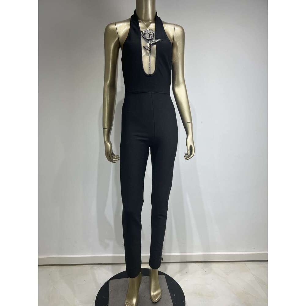 Wide Leg Jumpsuit New Bandage Fashionable Neck Hanging Deep V Dia Rose Tight Jumpsuit Party Dress
