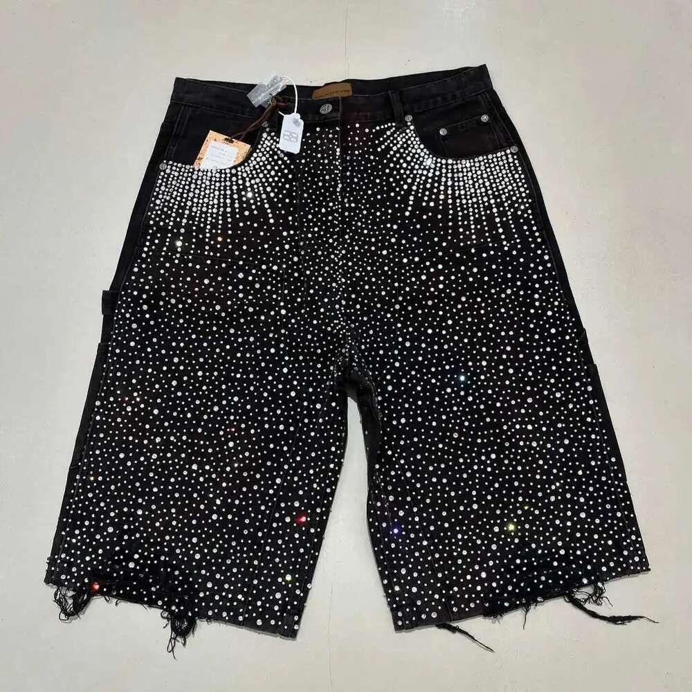 Strtwear Couple Vintage Rhinestone Sequined Y2K Cowboy Hip Hop Loose Sport Denim Casual Shorts X2504031 designer bag