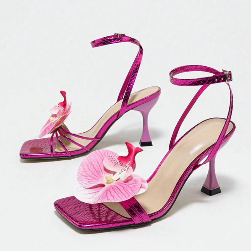 Liyke Elegant Purple Square Toe False Flower Sandals Women Party Dress Shoes Ankle Strap High Heels Gladiator Sandalias 250515