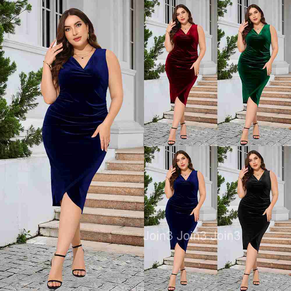 Womens Plus Size Long Sleeve Velvet Skinny Dress Sexy Pleated Wrap Deep V-neck Style