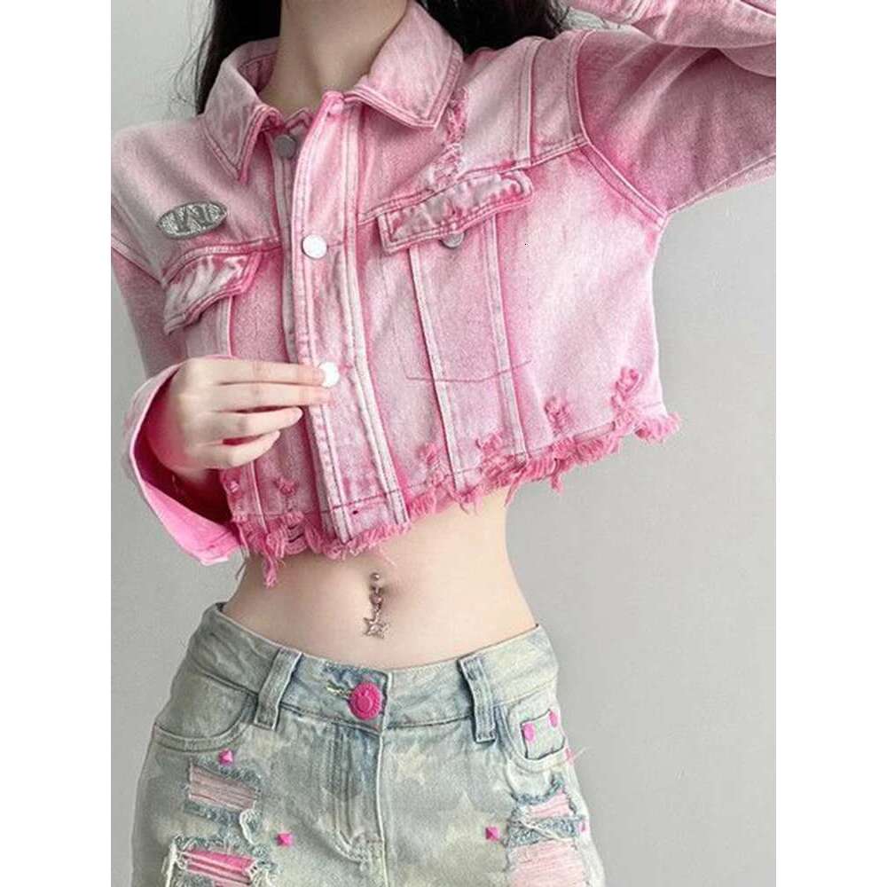 hoodie hoodie hoodie Zoki Sexy Cropped Hole Denim Jackets Women Streetwear Vintage Slim Y2K Jean Coats American Long Sleeve Female Haruku Pink Tops ja
