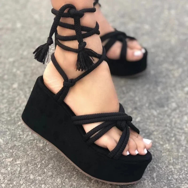 Platform Wedge Strappy Sandals Women Fashion Round Toe Cross Tied Height Increase Open Toe Women Sandals 250515